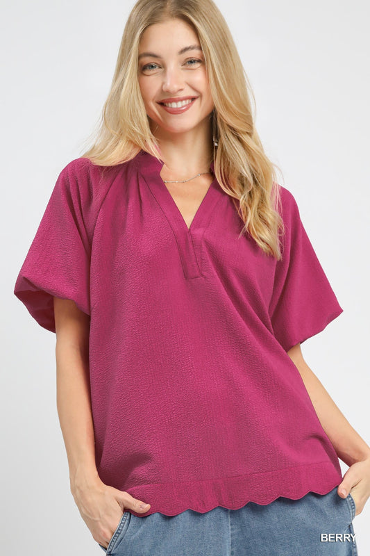 Umgee Scalloped Hem Textured Blouse - Bitsy Gypsy Boutique