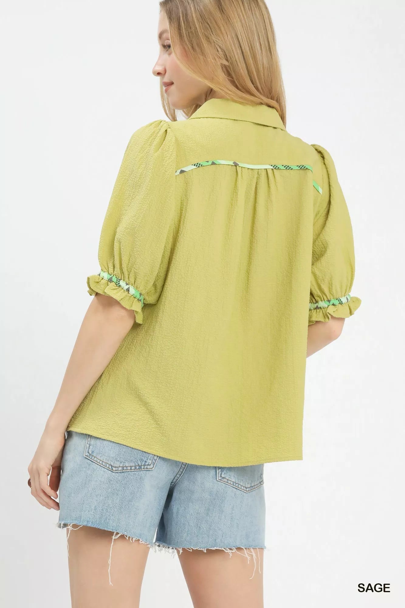 Umgee Scalloped Trim Blouse with Puff Sleeves - Bitsy Gypsy Boutique