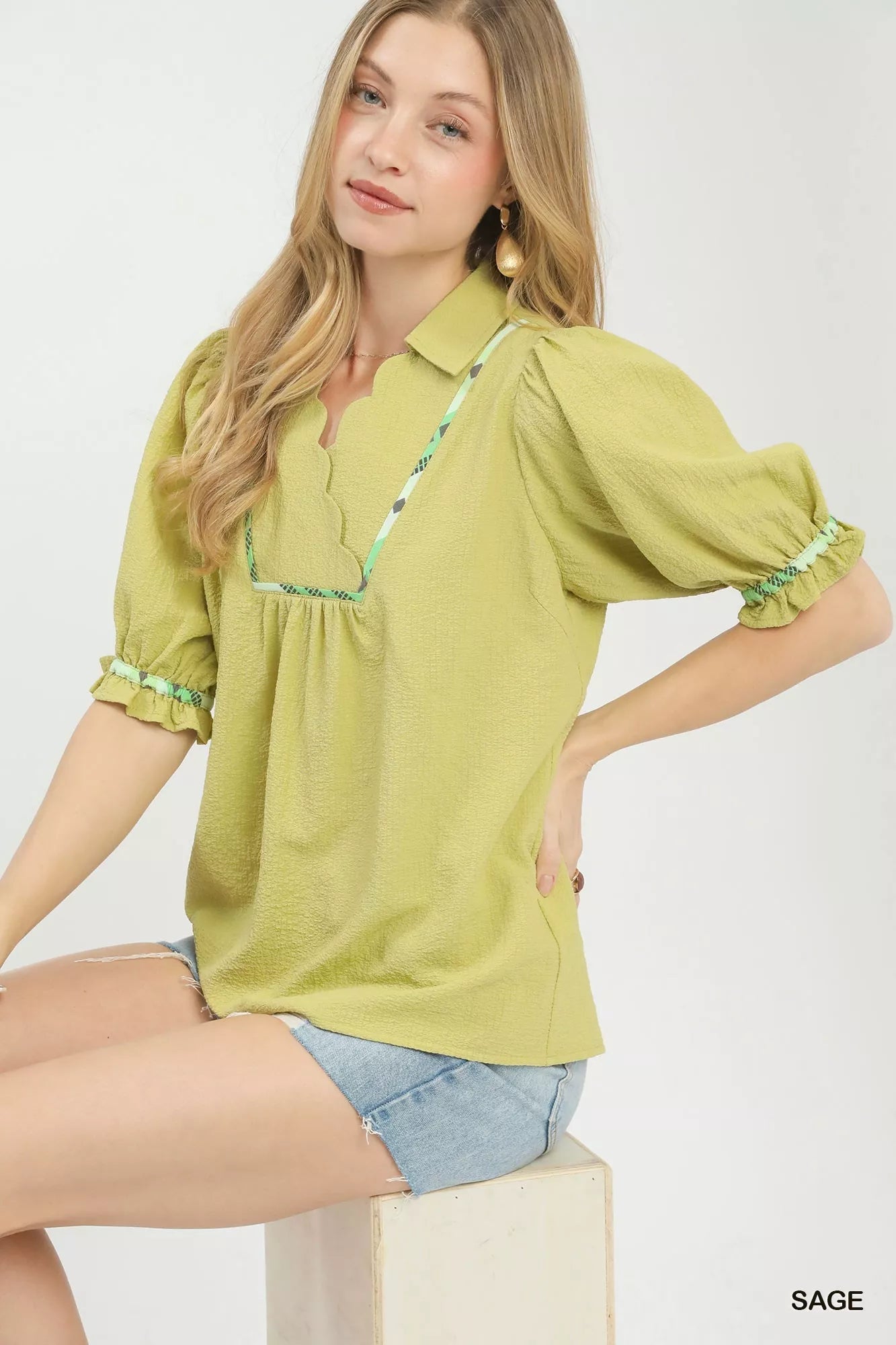 Umgee Scalloped Trim Blouse with Puff Sleeves - Bitsy Gypsy Boutique
