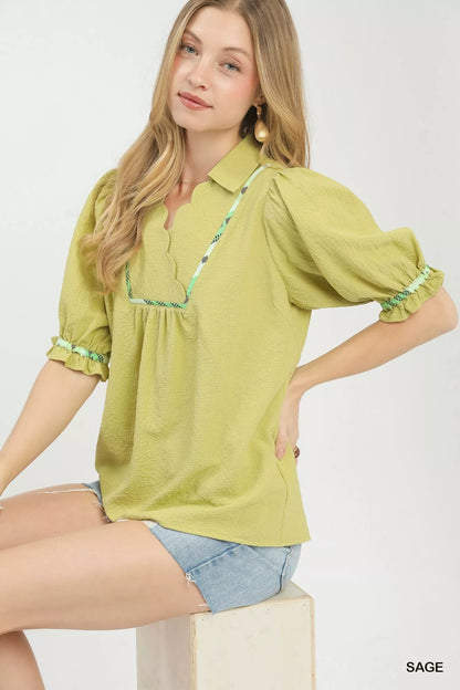 Umgee Scalloped Trim Blouse with Puff Sleeves - Bitsy Gypsy Boutique