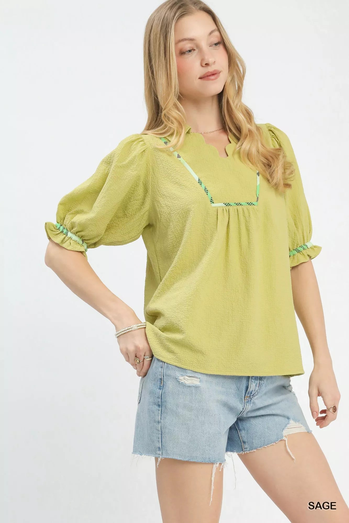Umgee Scalloped Trim Blouse with Puff Sleeves - Bitsy Gypsy Boutique