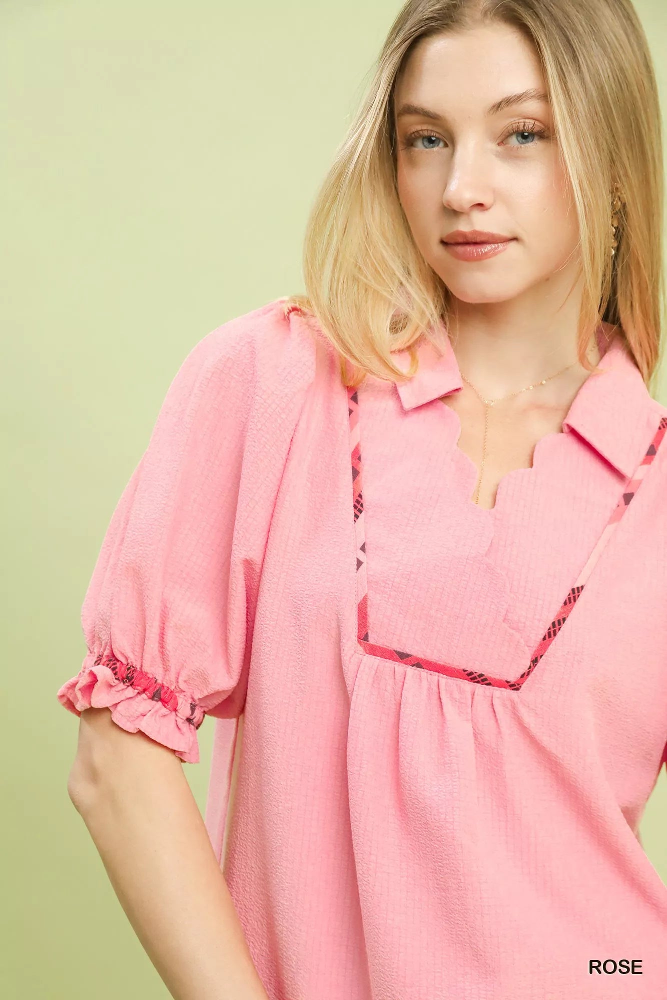 Umgee Scalloped Trim Blouse with Puff Sleeves - Bitsy Gypsy Boutique