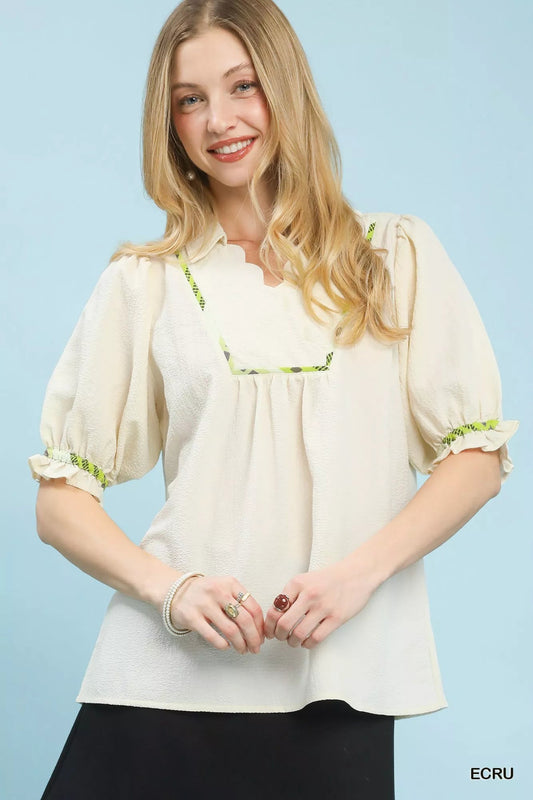 Umgee Scalloped Trim Blouse with Puff Sleeves - Bitsy Gypsy Boutique