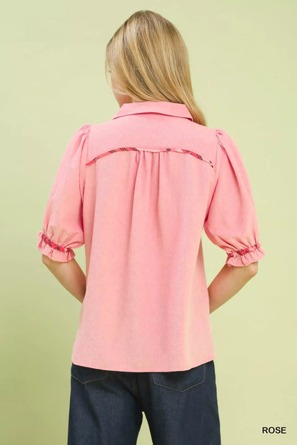 Umgee Scalloped Trim Blouse with Puff Sleeves - Bitsy Gypsy Boutique