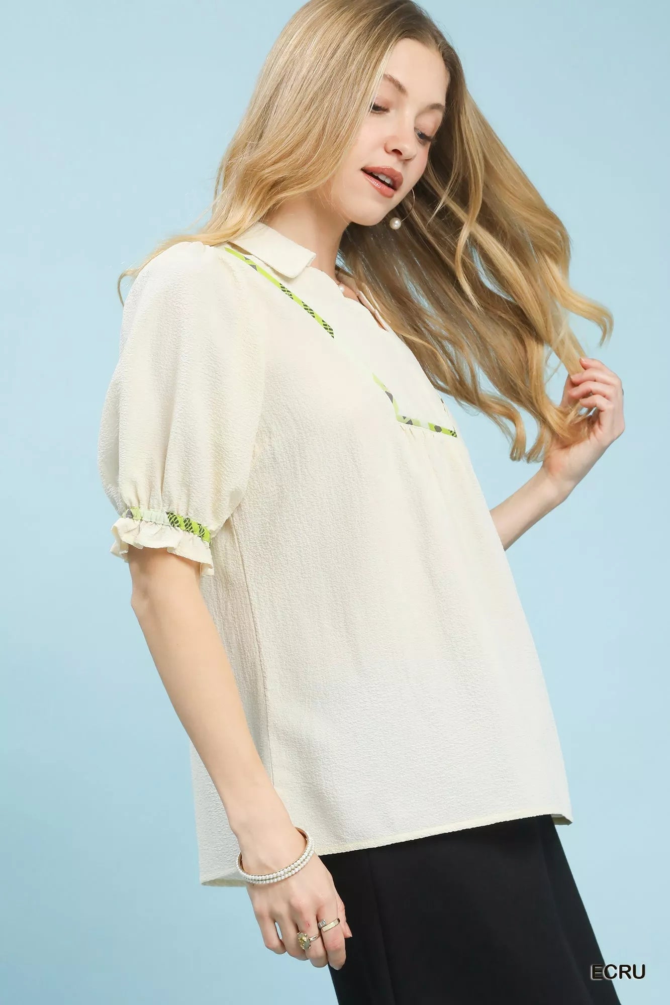 Umgee Scalloped Trim Blouse with Puff Sleeves - Bitsy Gypsy Boutique