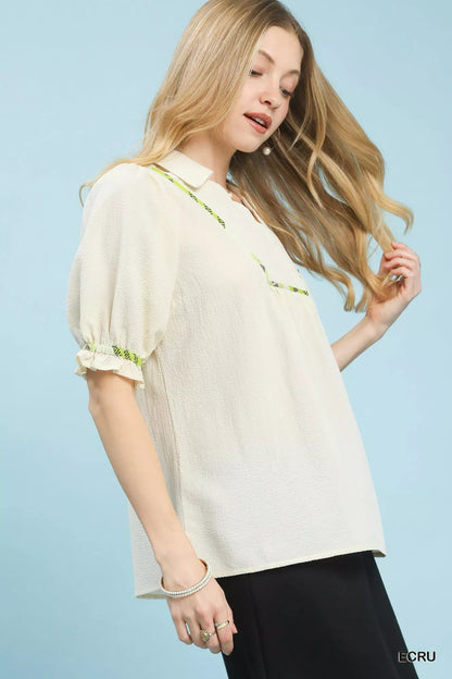 Umgee Scalloped Trim Blouse with Puff Sleeves - Bitsy Gypsy Boutique