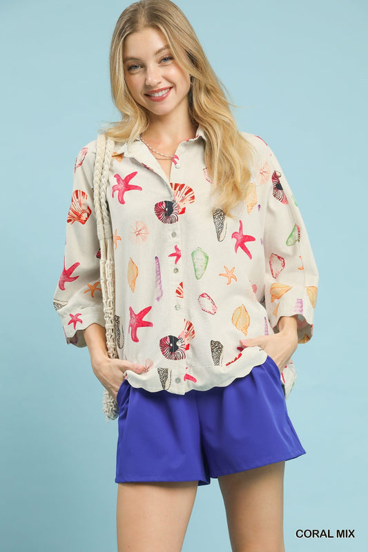 Umgee Seashell & Starfish Print Button - Down Top - Bitsy Gypsy Boutique