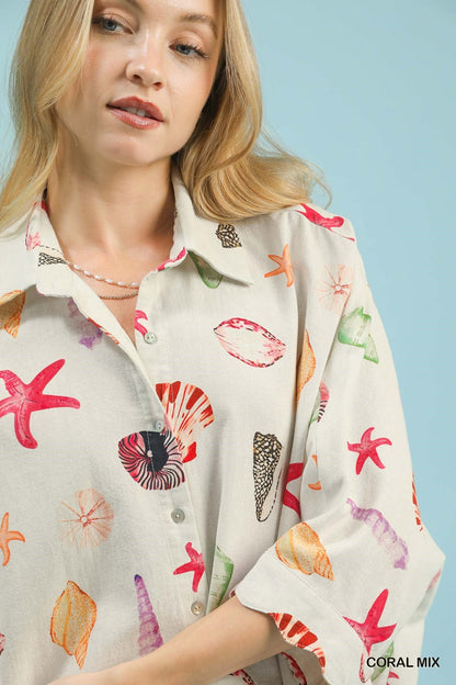 Umgee Seashell & Starfish Print Button - Down Top - Bitsy Gypsy Boutique