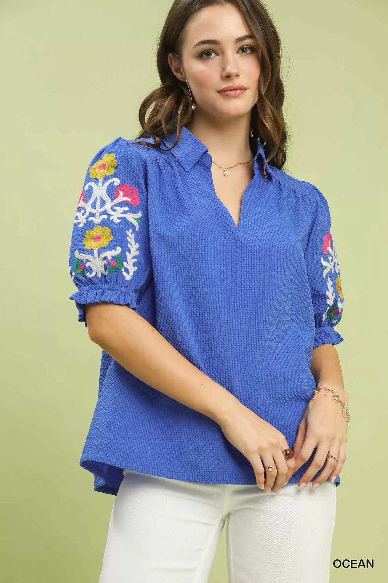 Umgee Seersucker Embroidered Sleeve Blouse - Bitsy Gypsy Boutique