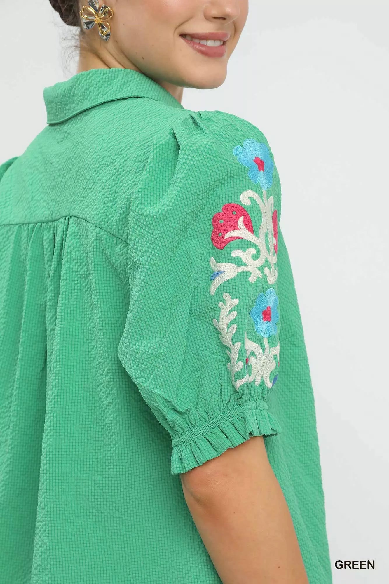Umgee Seersucker Embroidered Sleeve Blouse - Bitsy Gypsy Boutique
