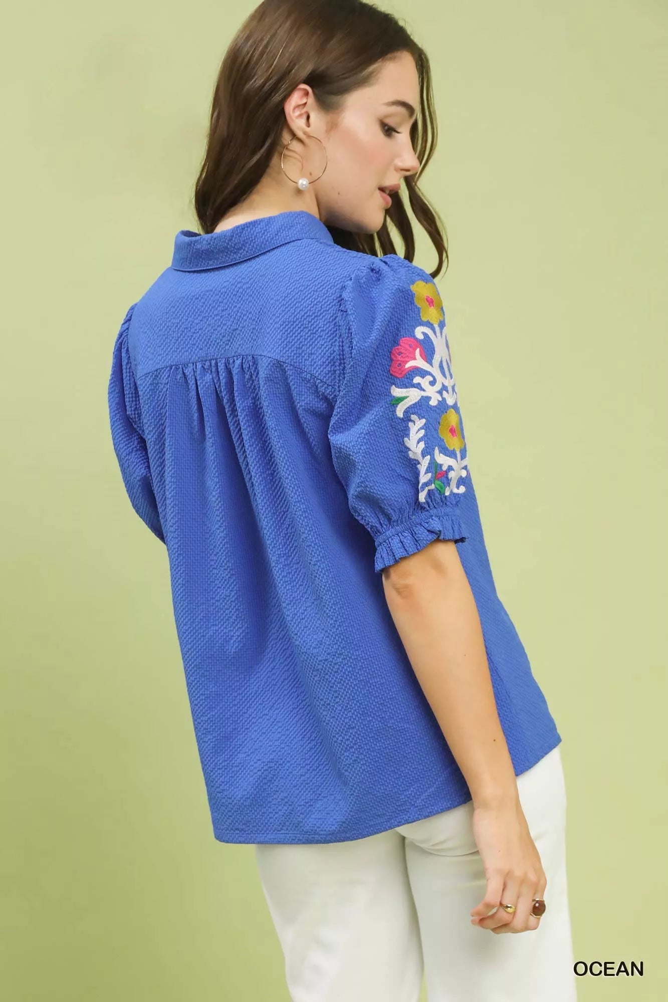 Umgee Seersucker Embroidered Sleeve Blouse - Bitsy Gypsy Boutique