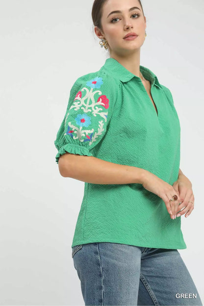 Umgee Seersucker Embroidered Sleeve Blouse - Bitsy Gypsy Boutique