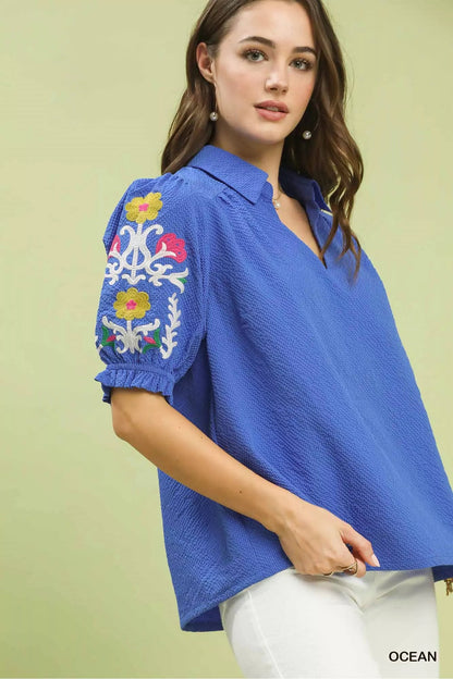 Umgee Seersucker Embroidered Sleeve Blouse - Bitsy Gypsy Boutique