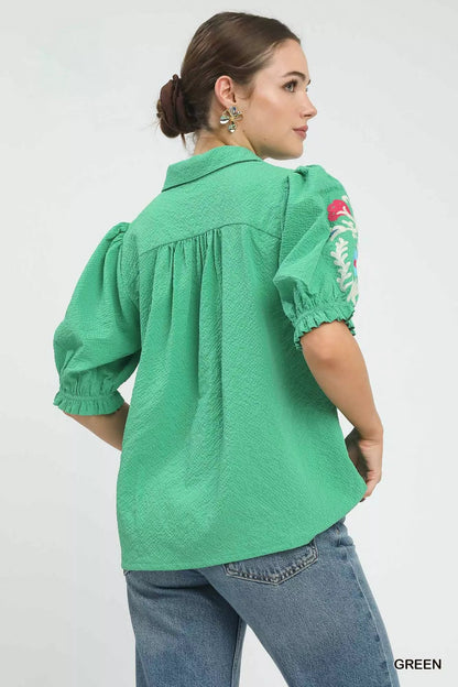 Umgee Seersucker Embroidered Sleeve Blouse - Bitsy Gypsy Boutique