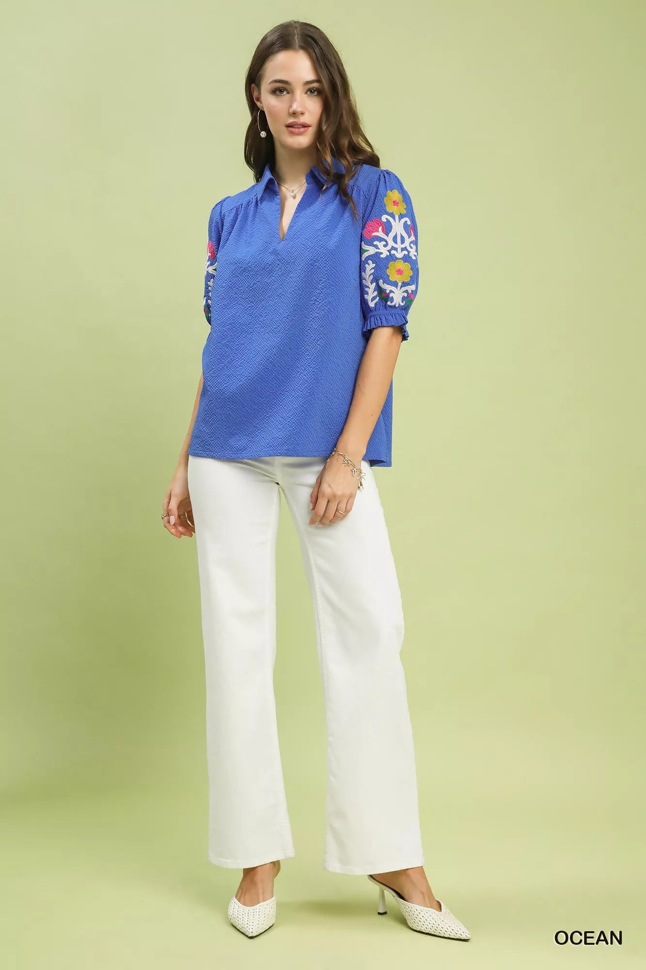 Umgee Seersucker Embroidered Sleeve Blouse - Bitsy Gypsy Boutique