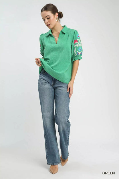 Umgee Seersucker Embroidered Sleeve Blouse - Bitsy Gypsy Boutique