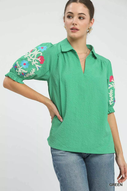 Umgee Seersucker Embroidered Sleeve Blouse - Bitsy Gypsy Boutique