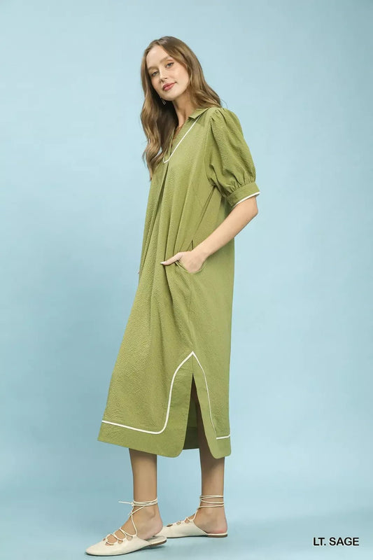 Umgee Seersucker Midi Dress with Contrast Trim - Bitsy Gypsy Boutique