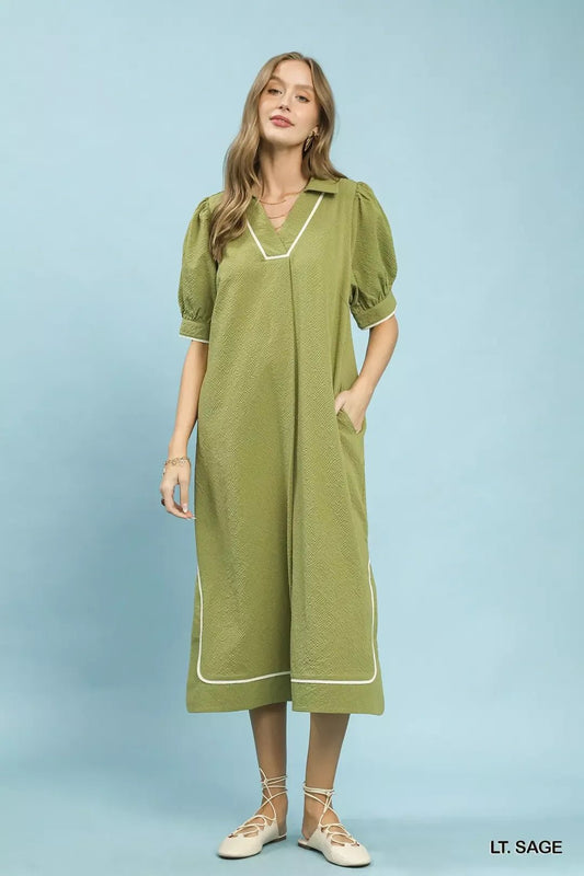 Umgee Seersucker Midi Dress with Contrast Trim - Bitsy Gypsy Boutique