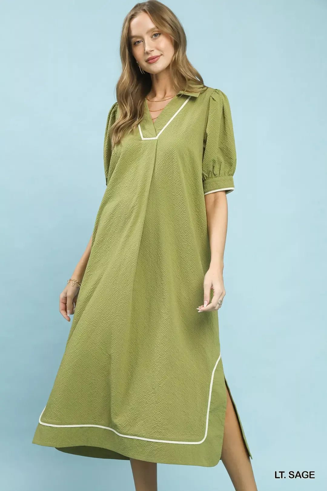 Umgee Seersucker Midi Dress with Contrast Trim - Bitsy Gypsy Boutique