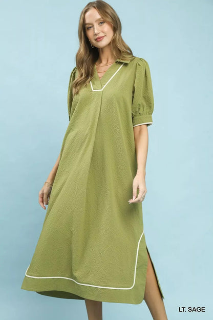 Umgee Seersucker Midi Dress with Contrast Trim - Bitsy Gypsy Boutique