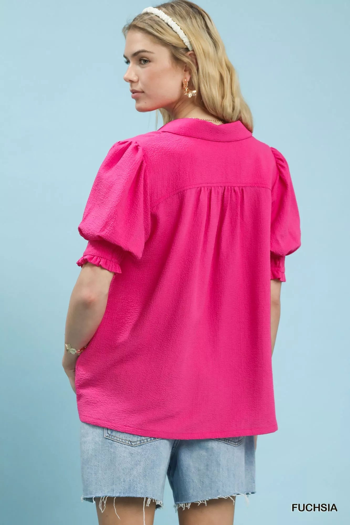 Umgee Seersucker Puff Sleeve Blouse - Bitsy Gypsy Boutique