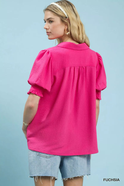 Umgee Seersucker Puff Sleeve Blouse - Bitsy Gypsy Boutique