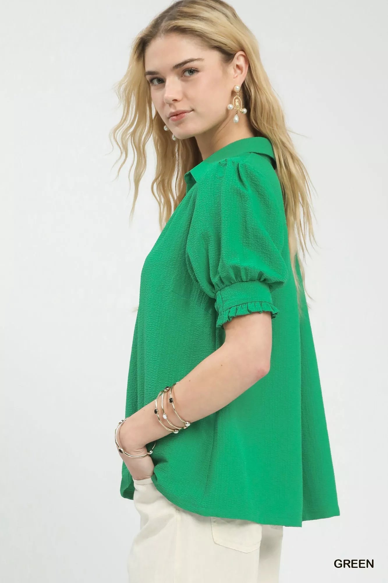 Umgee Seersucker Puff Sleeve Blouse - Bitsy Gypsy Boutique