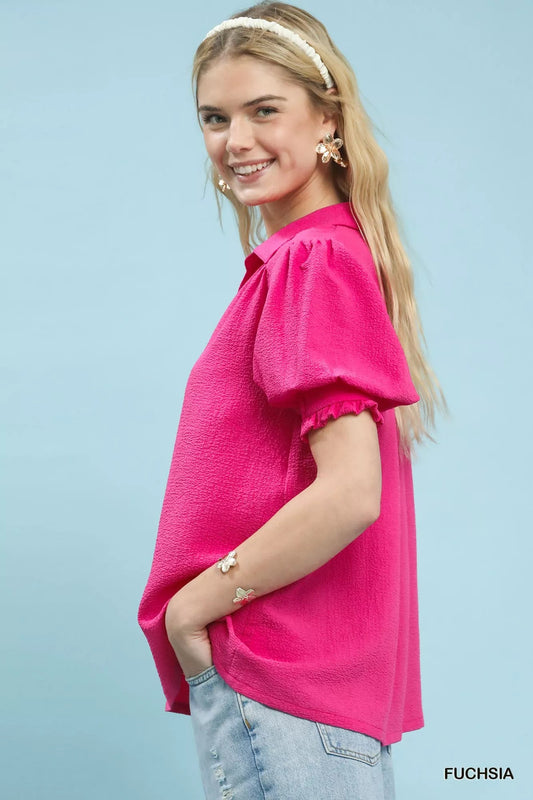 Umgee Seersucker Puff Sleeve Blouse - Bitsy Gypsy Boutique