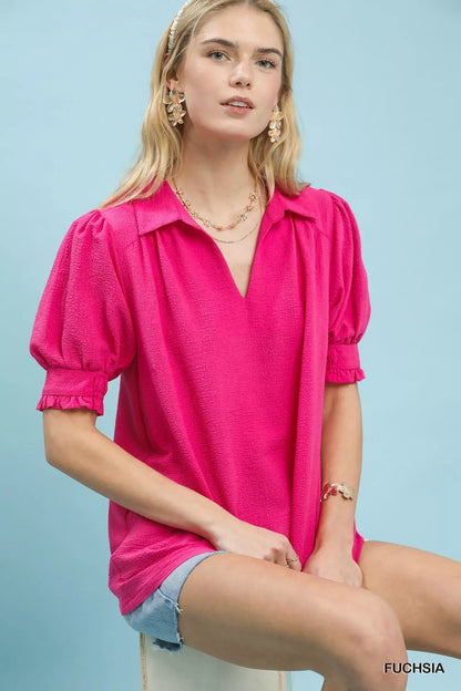 Umgee Seersucker Puff Sleeve Blouse - Bitsy Gypsy Boutique