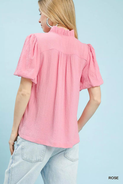 Umgee Seersucker Puff Sleeve Blouse - Bitsy Gypsy Boutique