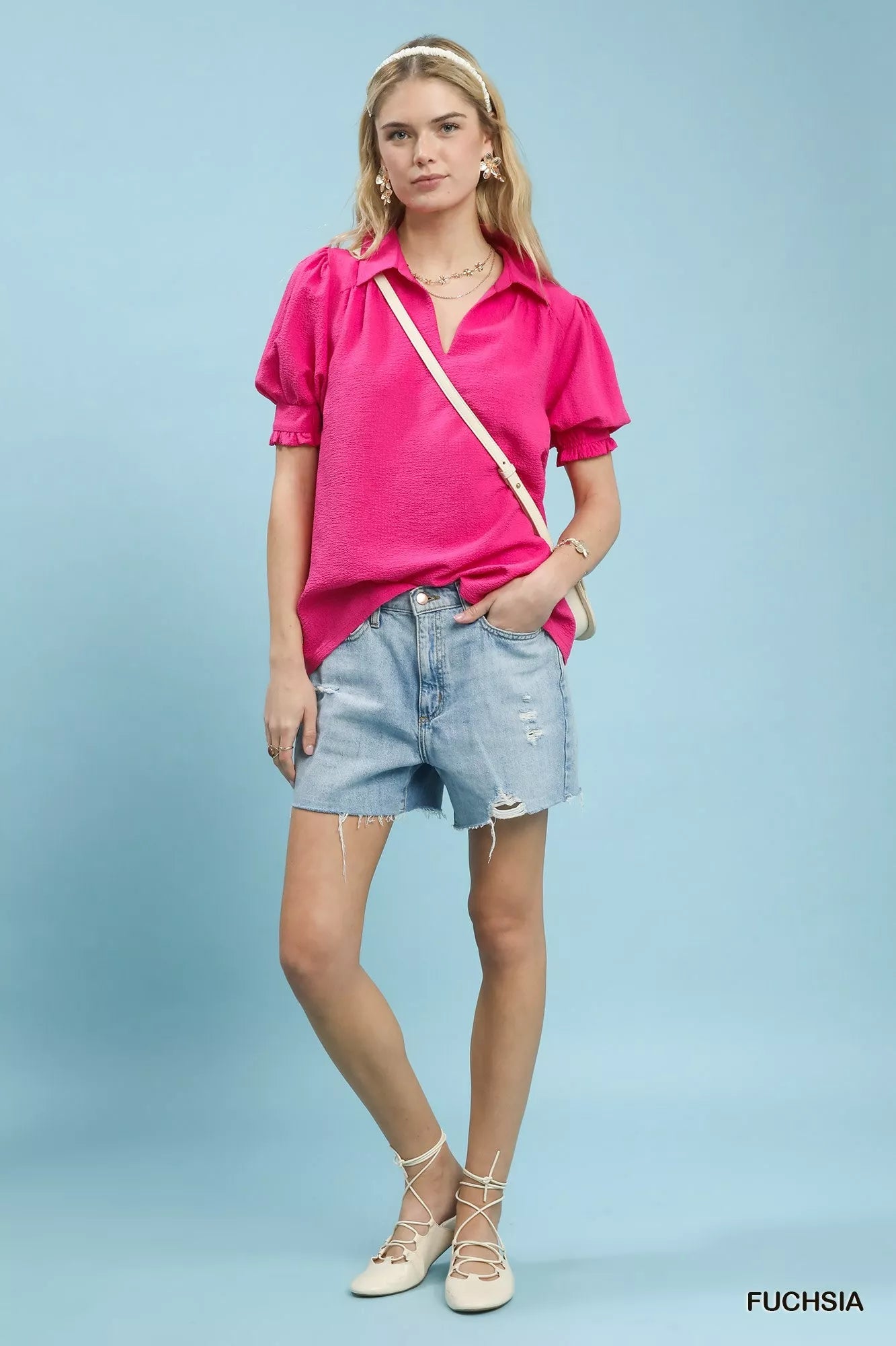 Umgee Seersucker Puff Sleeve Blouse - Bitsy Gypsy Boutique