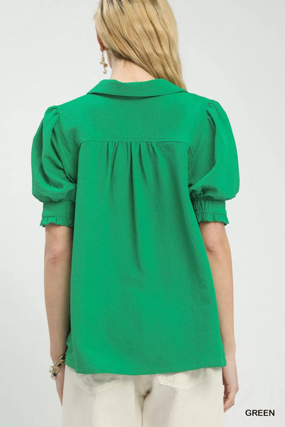 Umgee Seersucker Puff Sleeve Blouse - Bitsy Gypsy Boutique