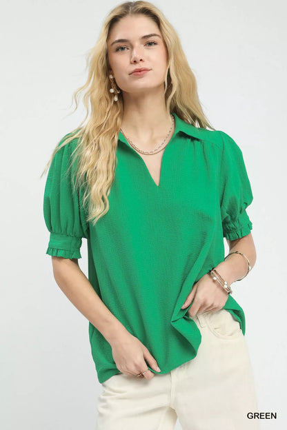 Umgee Seersucker Puff Sleeve Blouse - Bitsy Gypsy Boutique