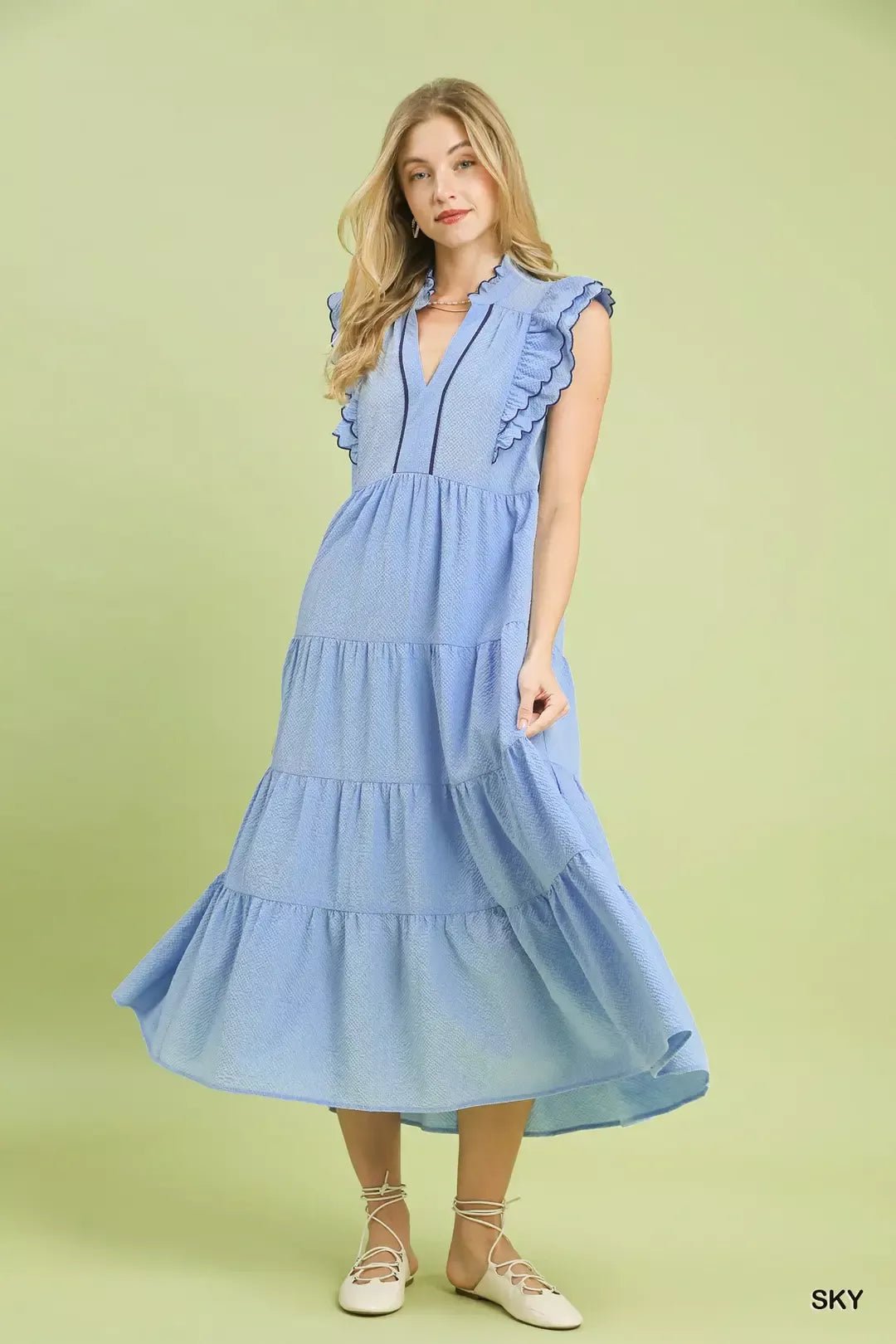 Umgee Seersucker Ruffle Sleeve Tiered Midi Dress - Bitsy Gypsy Boutique