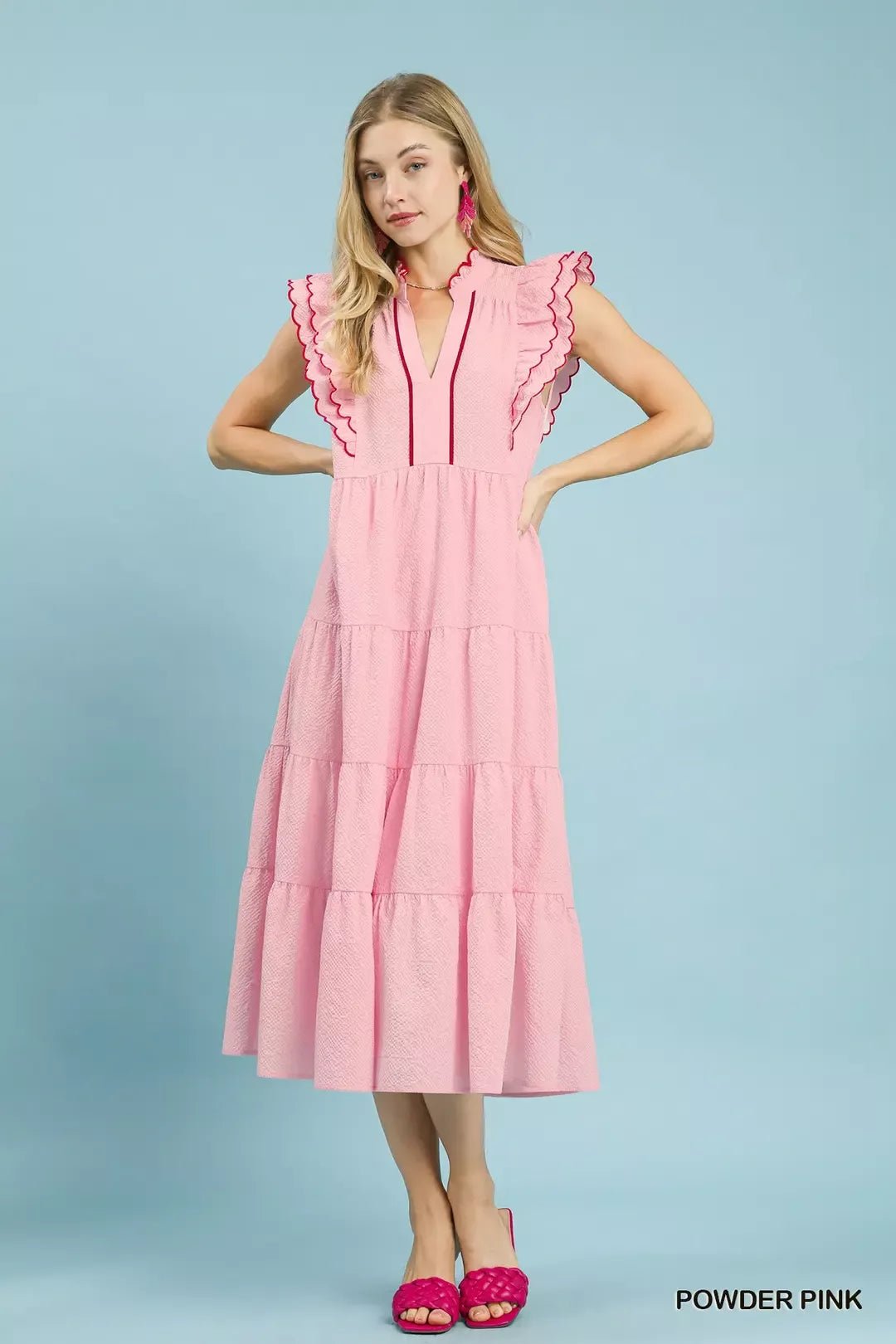 Umgee Seersucker Ruffle Sleeve Tiered Midi Dress - Bitsy Gypsy Boutique