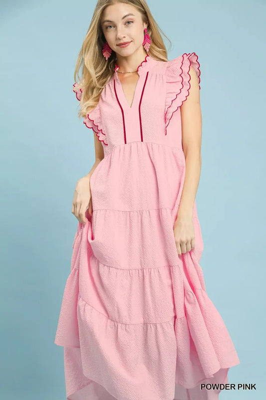 Umgee Seersucker Ruffle Sleeve Tiered Midi Dress - Bitsy Gypsy Boutique