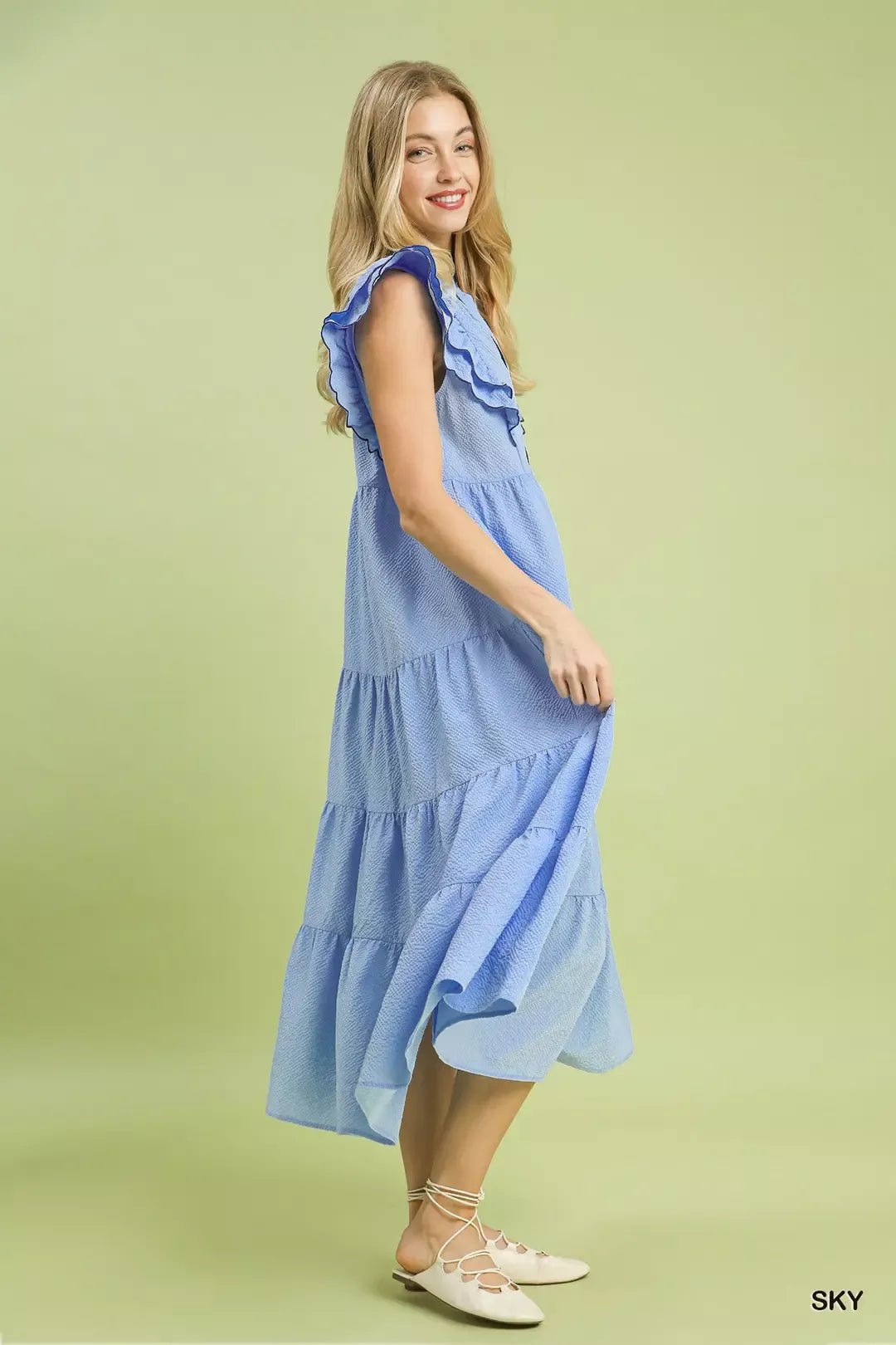 Umgee Seersucker Ruffle Sleeve Tiered Midi Dress - Bitsy Gypsy Boutique
