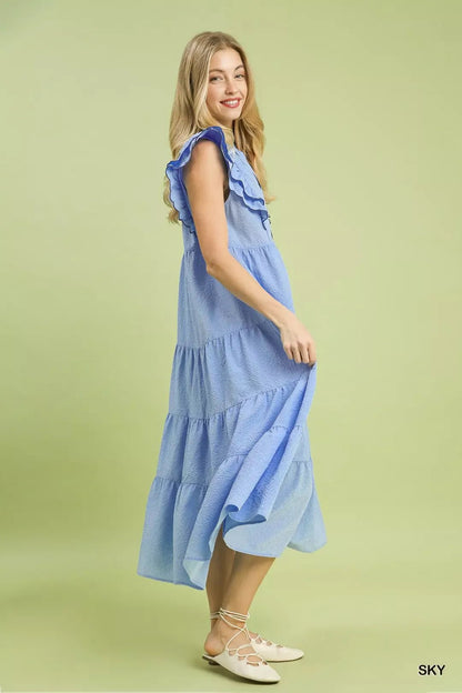 Umgee Seersucker Ruffle Sleeve Tiered Midi Dress - Bitsy Gypsy Boutique