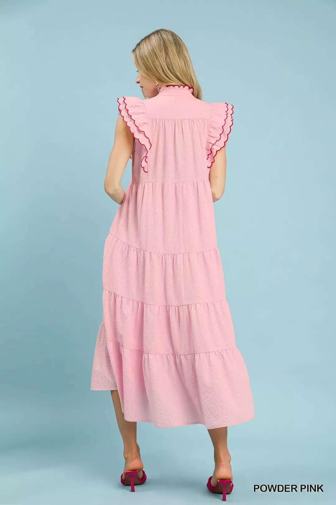 Umgee Seersucker Ruffle Sleeve Tiered Midi Dress - Bitsy Gypsy Boutique