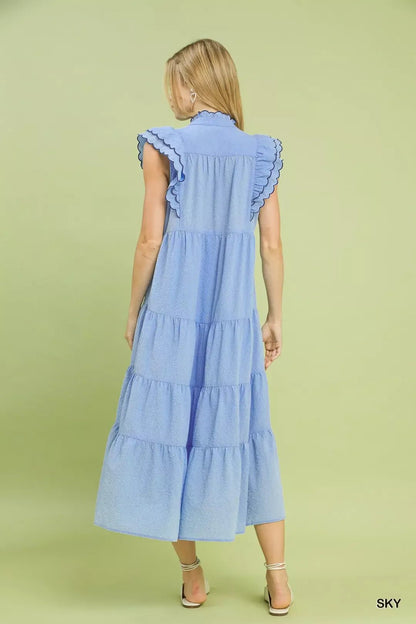 Umgee Seersucker Ruffle Sleeve Tiered Midi Dress - Bitsy Gypsy Boutique