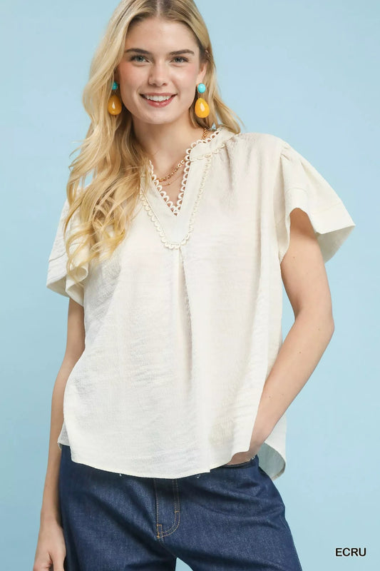 Umgee Seersucker Short Sleeve Top with Lace Trim - Bitsy Gypsy Boutique