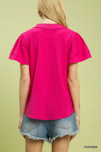 Umgee Seersucker Short Sleeve Top with Lace Trim - Bitsy Gypsy Boutique