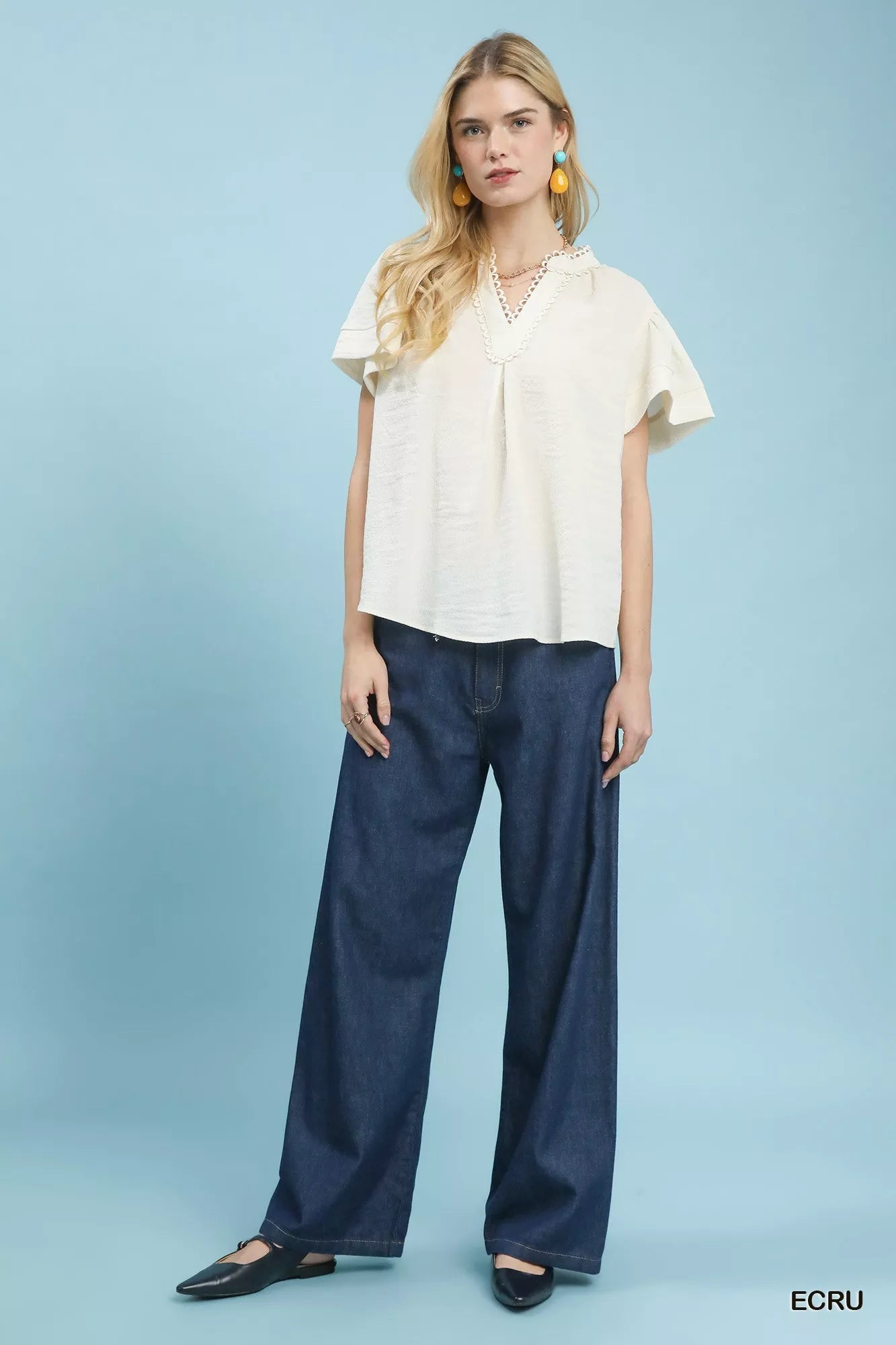 Umgee Seersucker Short Sleeve Top with Lace Trim - Bitsy Gypsy Boutique