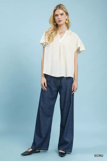 Umgee Seersucker Short Sleeve Top with Lace Trim - Bitsy Gypsy Boutique