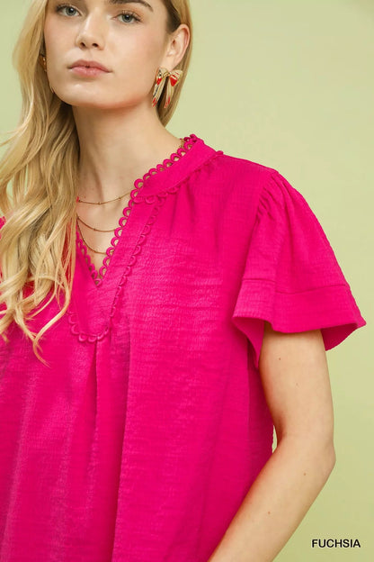 Umgee Seersucker Short Sleeve Top with Lace Trim - Bitsy Gypsy Boutique