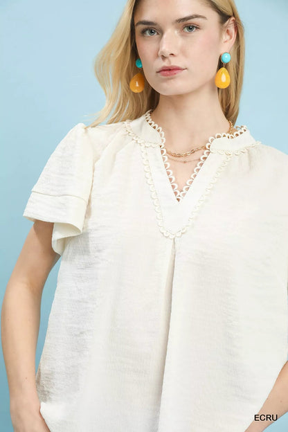 Umgee Seersucker Short Sleeve Top with Lace Trim - Bitsy Gypsy Boutique