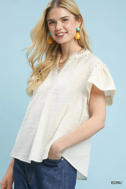 Umgee Seersucker Short Sleeve Top with Lace Trim - Bitsy Gypsy Boutique