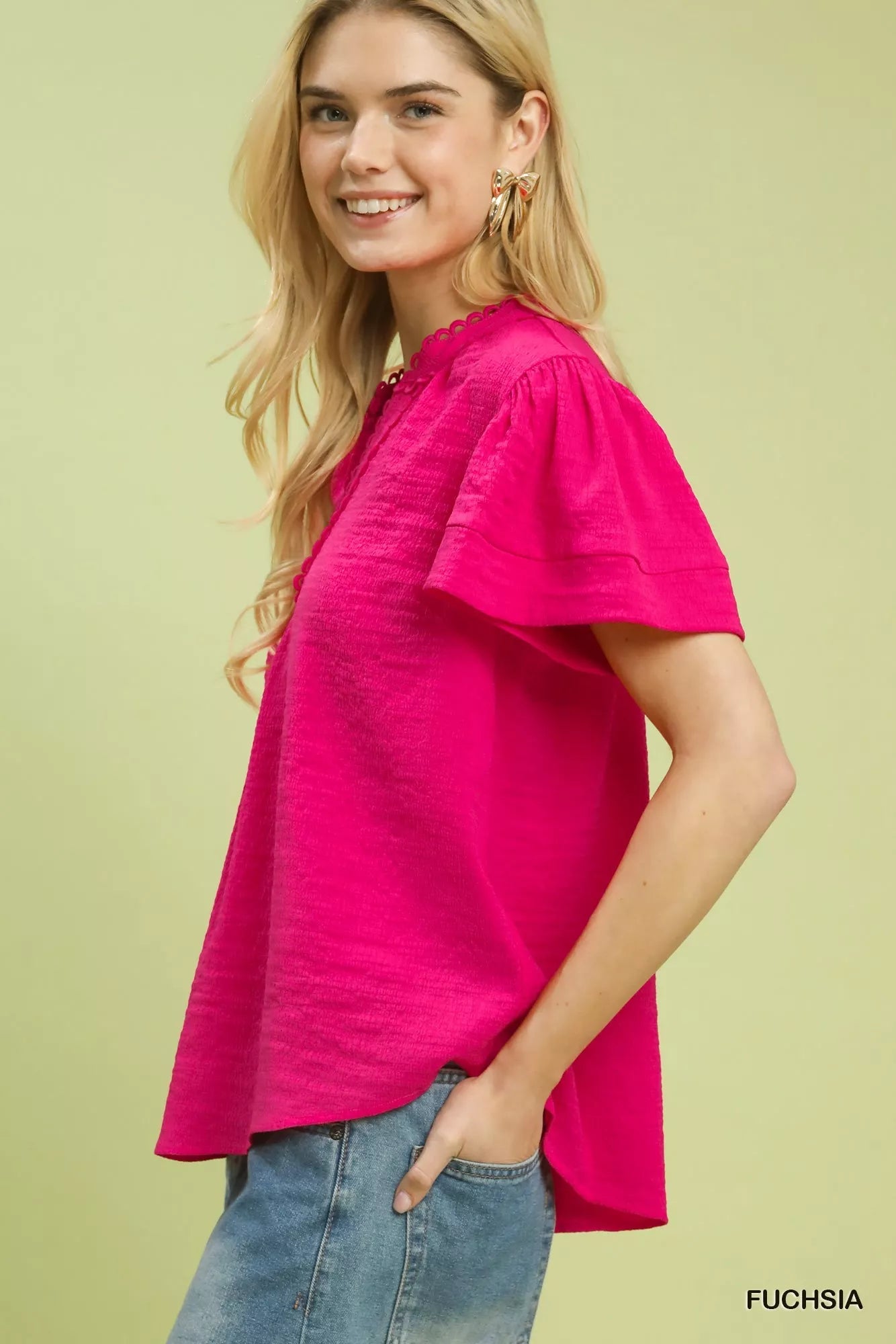 Umgee Seersucker Short Sleeve Top with Lace Trim - Bitsy Gypsy Boutique