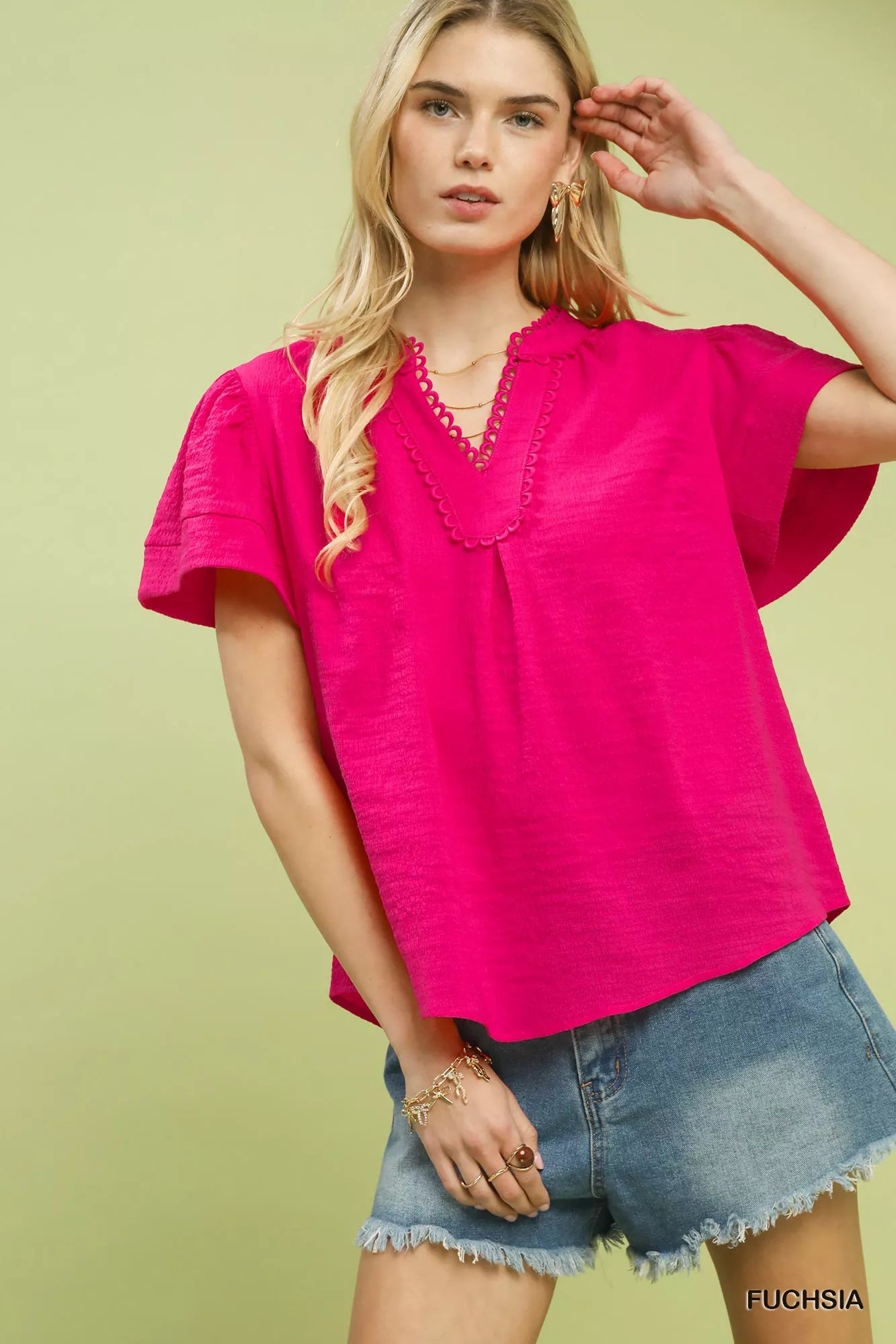 Umgee Seersucker Short Sleeve Top with Lace Trim - Bitsy Gypsy Boutique